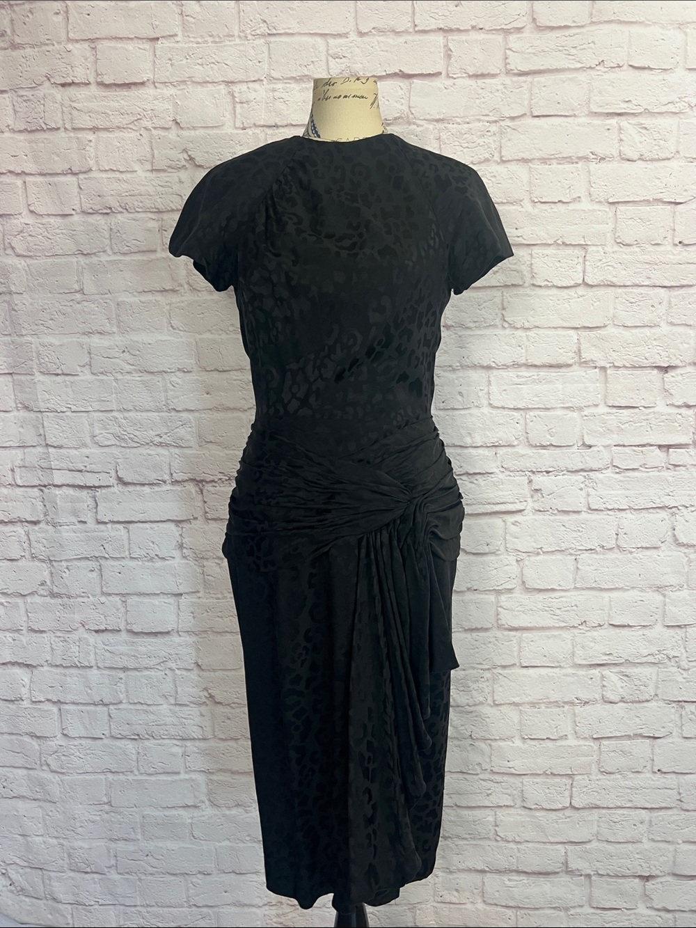 Vintage 1980s Leopard Print Black Draped Midi Dress with Knot Detail 100% Silk